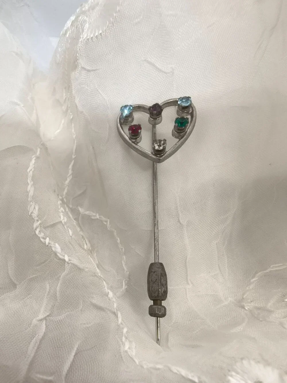 Vintage Anson Sterling Silver Heart Stick Pin With Multicolored Rhinestones